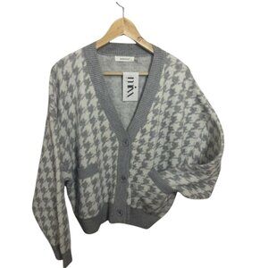 NWT Oversized Houndstooth Cardigan Sweater Gray Cream Preppy Cozy Chic M/L